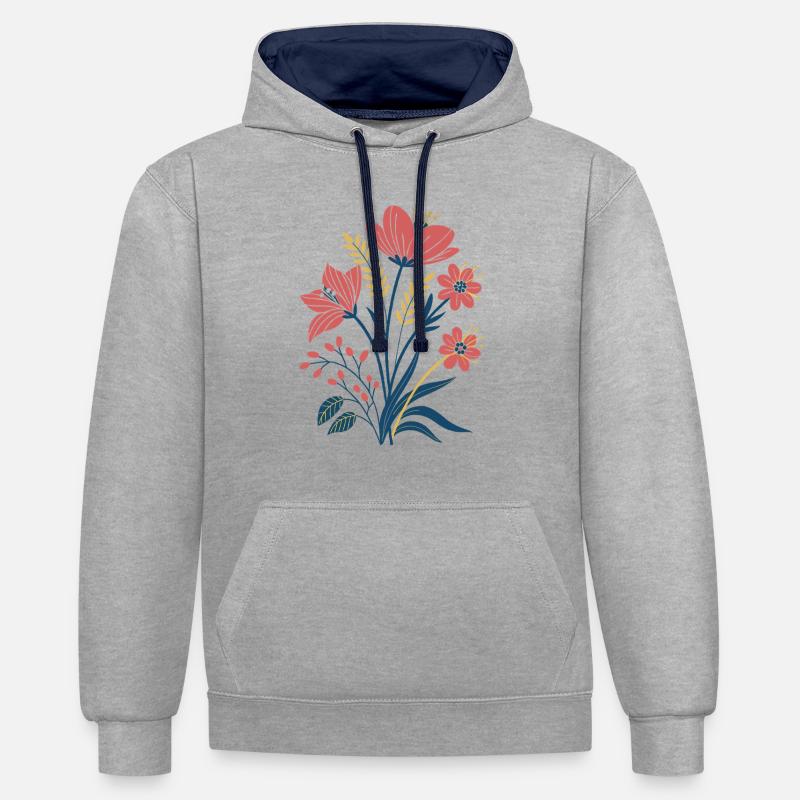 Fleurs - Printemps - Été - Fleurs - Sweat à capuche contrasté - gris chiné/bleu marine