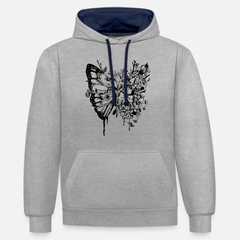 Branches d’arbres papillon - Sweat à capuche contrasté - gris chiné/bleu marine