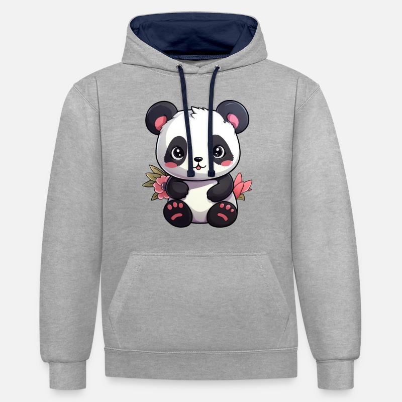 Panda mignon - Sweat à capuche contrasté - gris chiné/bleu marine