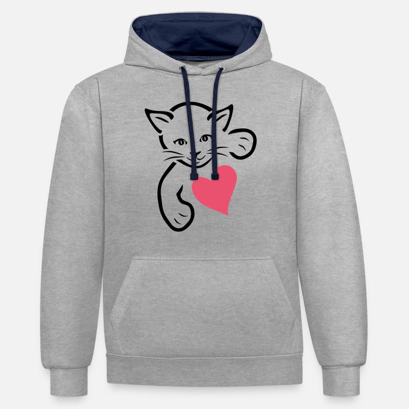 Chaton mignon avec du coeur - Sweat à capuche contrasté - gris chiné/bleu marine