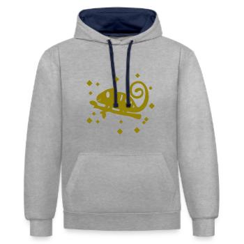 Gecko - Animal amphibien - Sweat à capuche contrasté - gris chiné/bleu marine - Devant - Liana (172cm) & Jaron (178cm)
