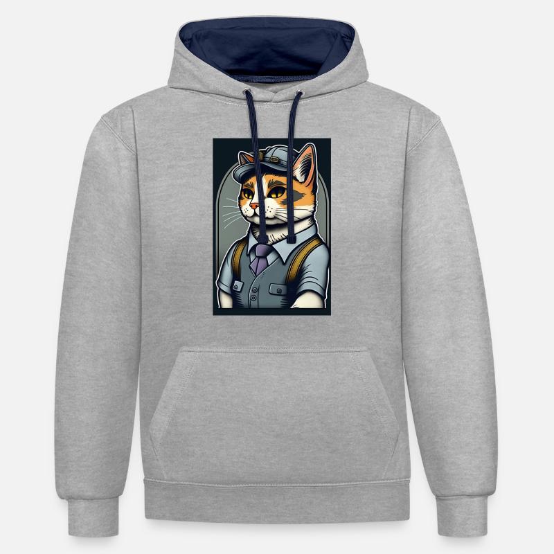 Commis aux chats - Sweat à capuche contrasté - gris chiné/bleu marine