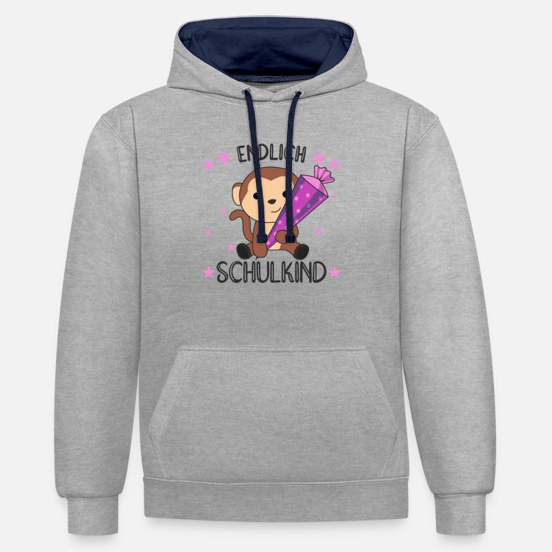 endlich Schulkind Einschulung Schule Affe - Kontrast-Hoodie - Grau meliert/Navy