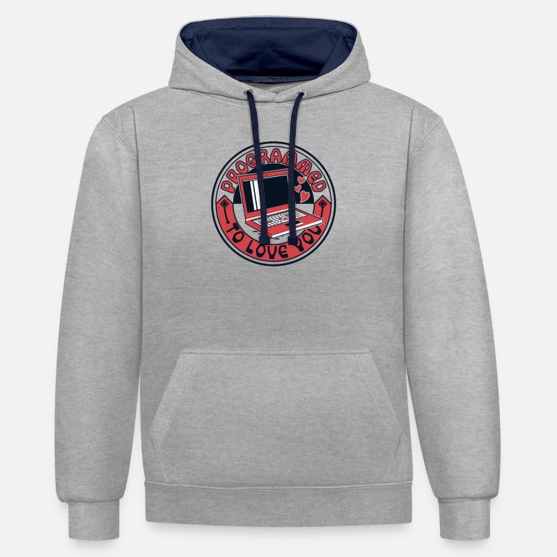 Programmé pour t’aimer Développeur Codeur - Sweat à capuche contrasté - gris chiné/bleu marine