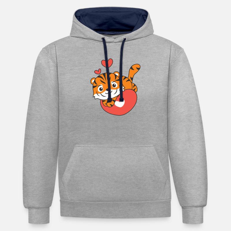 Tigre Saint-Valentin Animaux mignons Coeurs - Sweat à capuche contrasté - gris chiné/bleu marine