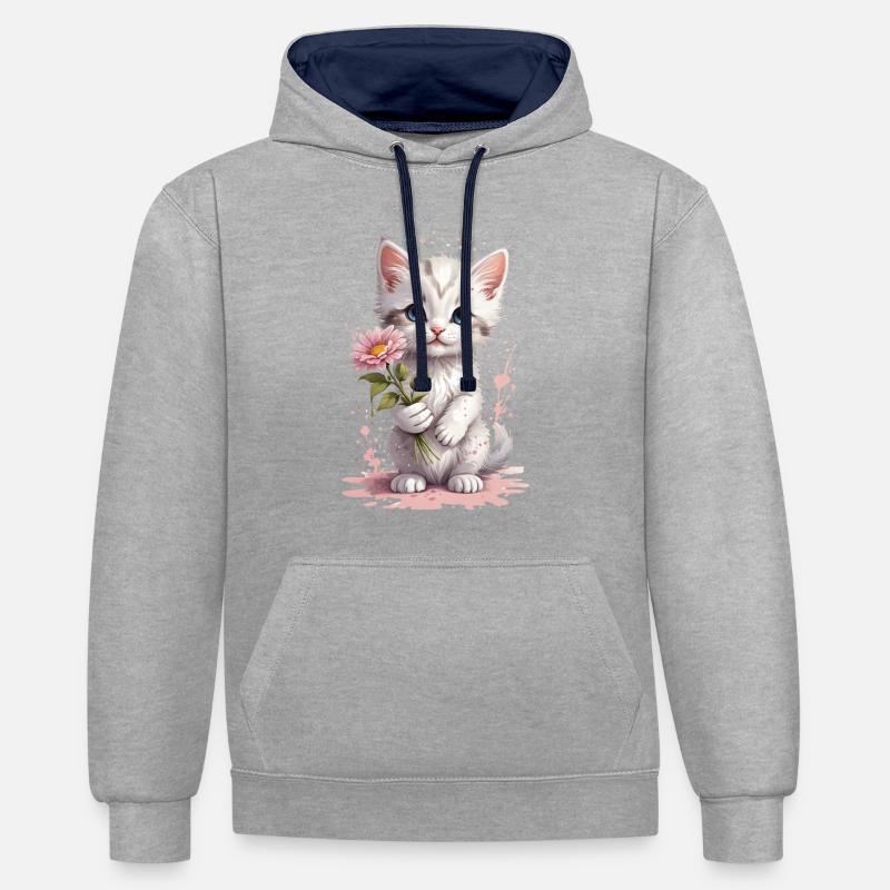 Chaton espiègle avec fleur - Aquarelle - Sweat à capuche contrasté - gris chiné/bleu marine
