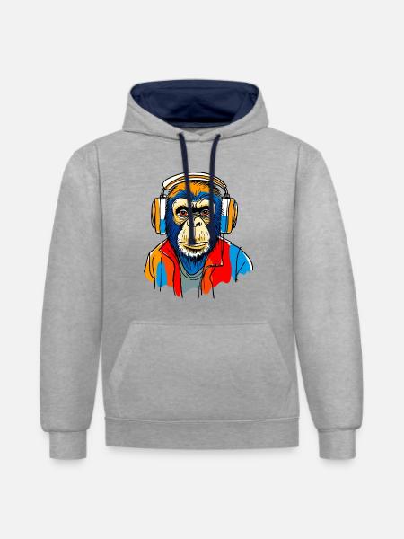 Singe avec casque - Sweat à capuche contrasté - gris chiné/bleu marine
