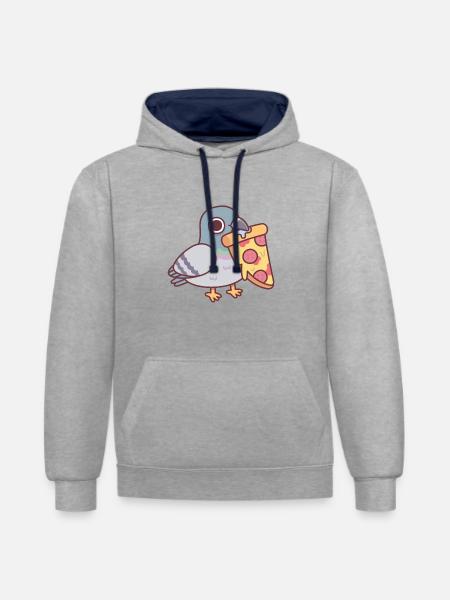 Niedliche Taube mit Peperoni-Pizzastück - Kontrast-Hoodie - Grau meliert/Navy
