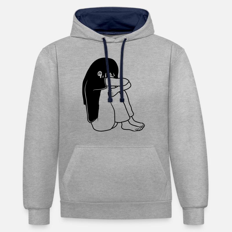 Mädchen Traurig Sitzend - Kontrast-Hoodie - Grau meliert/Navy