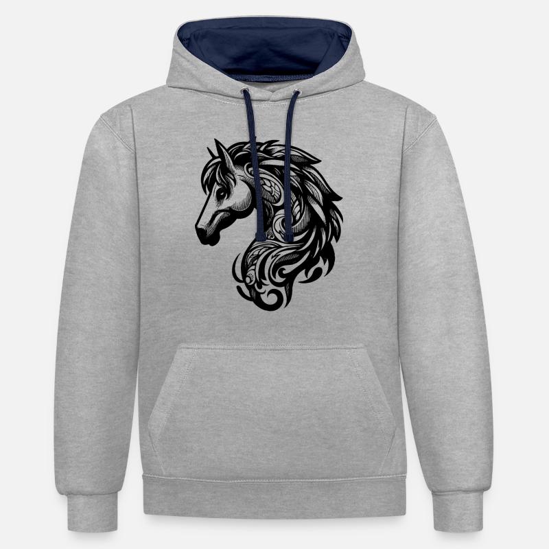 Tête de Cheval - Élégance Sauvage - Sweat à capuche contrasté - gris chiné/bleu marine
