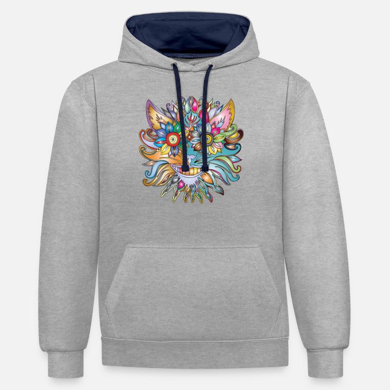 Gazou le chat fleuri - Sweat à capuche contrasté - gris chiné/bleu marine
