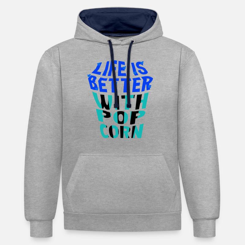La vie avec du pop-corn en mangeant des légumes - Sweat à capuche contrasté - gris chiné/bleu marine