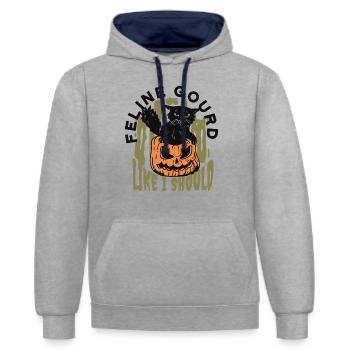 Halloween Chat Félin Gourde Comme je devrais - Sweat à capuche contrasté - gris chiné/bleu marine - Devant - Liana (172cm) & Jaron (178cm)