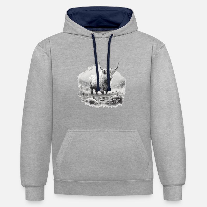 Vache des Highlands - Sweat à capuche contrasté - gris chiné/bleu marine