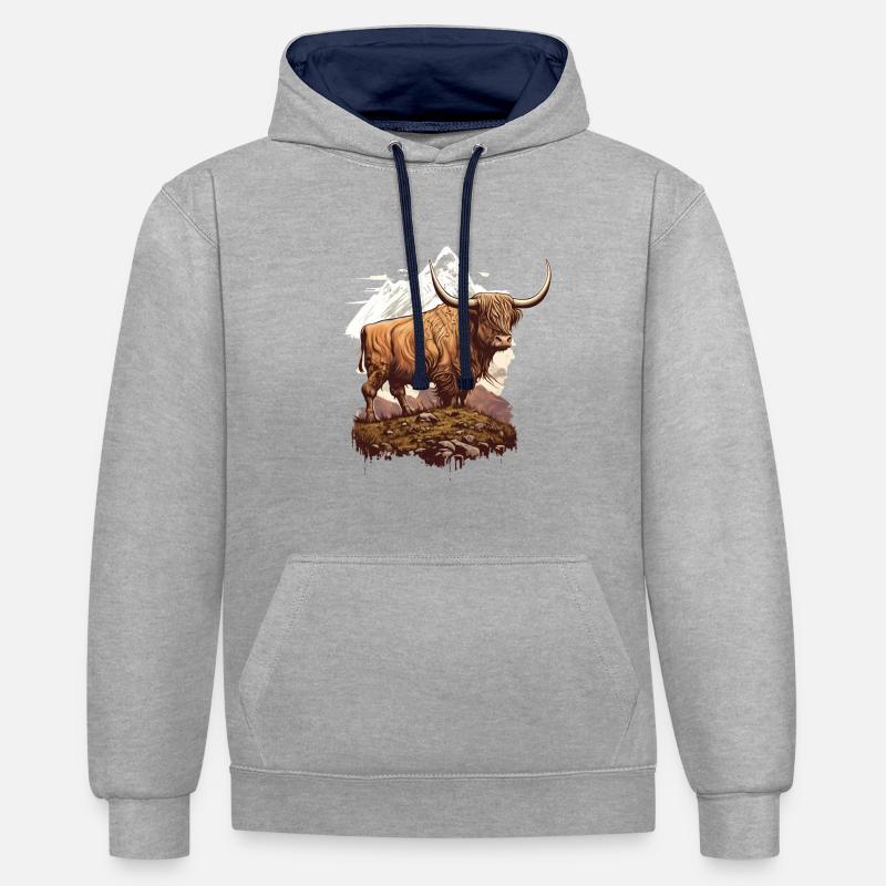 Vache des Highlands - Sweat à capuche contrasté - gris chiné/bleu marine