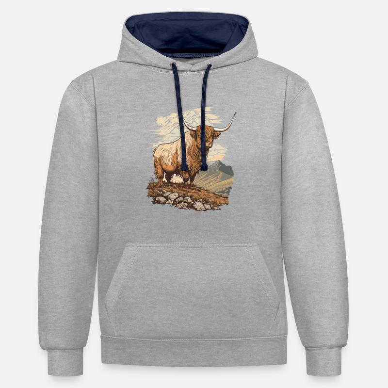 Vache des Highlands - Sweat à capuche contrasté - gris chiné/bleu marine