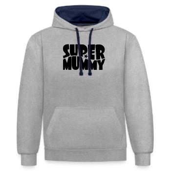 Super Mummy pour la meilleure maman dans le style BD - Sweat à capuche contrasté - gris chiné/bleu marine - Devant - Liana (172cm) & Jaron (178cm)