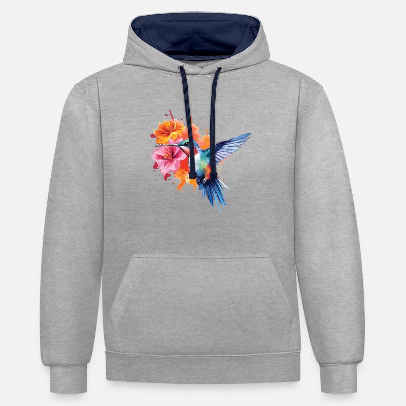 Adorable aquarelle d’un colibri - Sweat à capuche contrasté - gris chiné/bleu marine