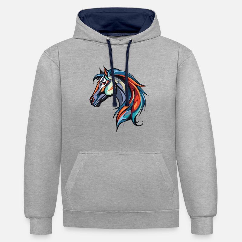 Portrait de cheval - Sweat à capuche contrasté - gris chiné/bleu marine