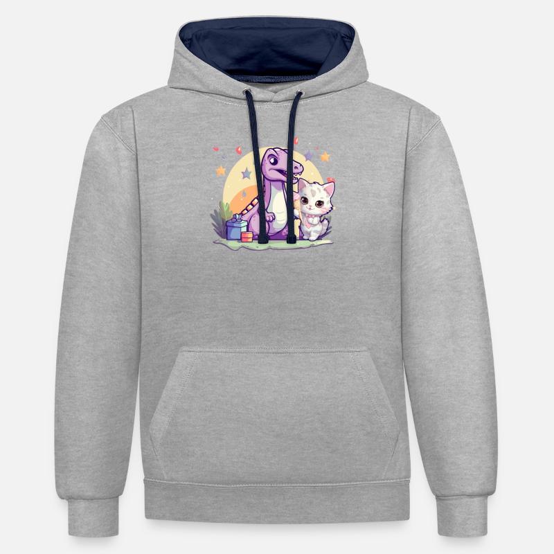 Katze Kätzchen-Mädchen Dinosaurier Eiscreme - Kontrast-Hoodie - Grau meliert/Navy