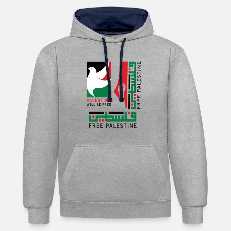Palestine libre - sera libre - Sweat à capuche contrasté - gris chiné/bleu marine
