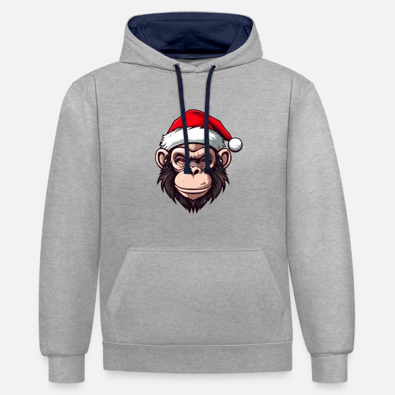 Portrait de singe Noël - Sweat à capuche contrasté - gris chiné/bleu marine