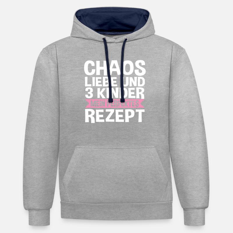 Maman de 3 enfants - Sweat à capuche contrasté - gris chiné/bleu marine