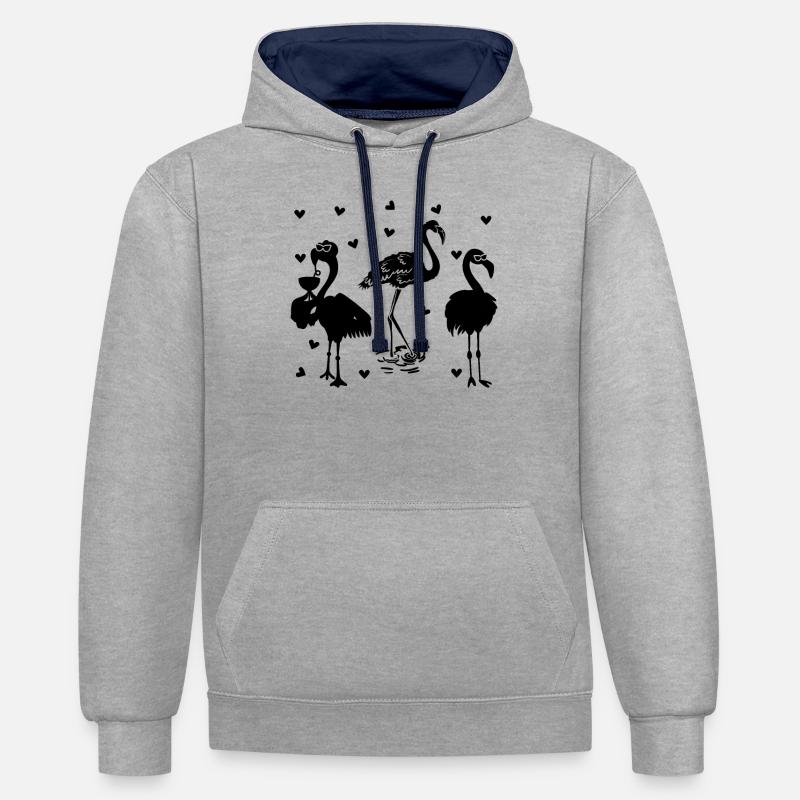 Flamants roses mignons - Sweat à capuche contrasté - gris chiné/bleu marine