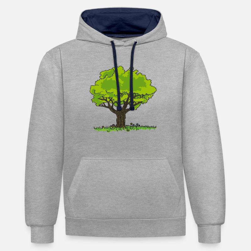 Dessin arbre pré et fleurs - Sweat à capuche contrasté - gris chiné/bleu marine