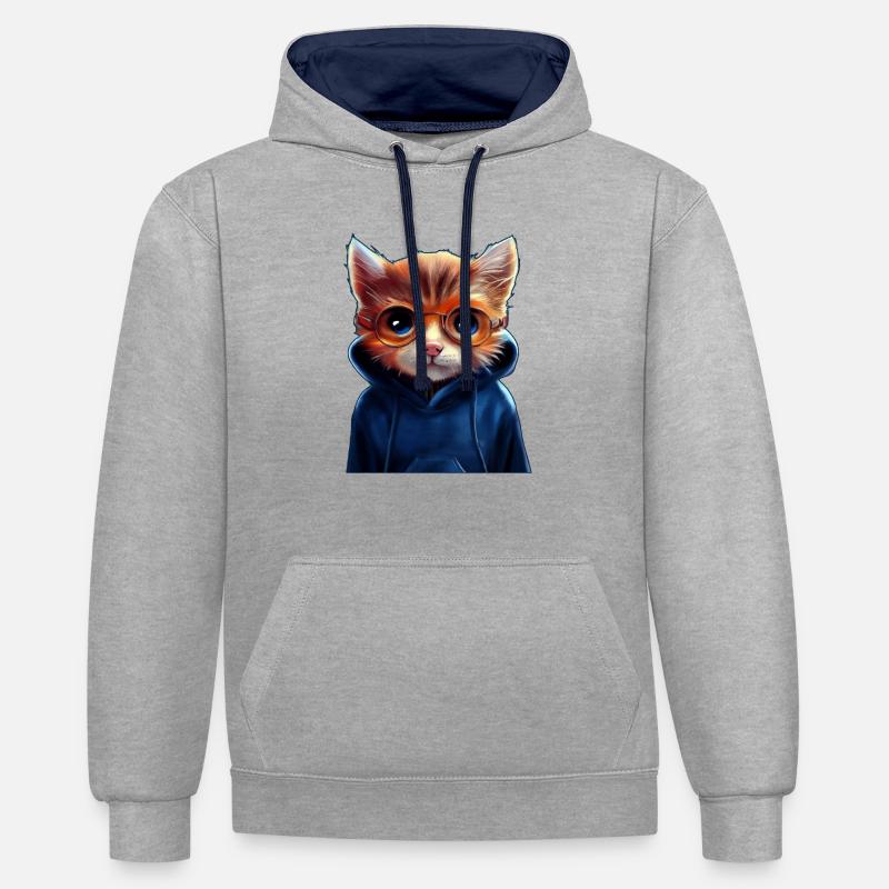 Chat mignon avec pull - Sweat à capuche contrasté - gris chiné/bleu marine