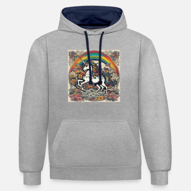 Licorne, Coloré, Couleur, Arc-en-ciel, Bande dessinée, Rétro - Sweat à capuche contrasté - gris chiné/bleu marine