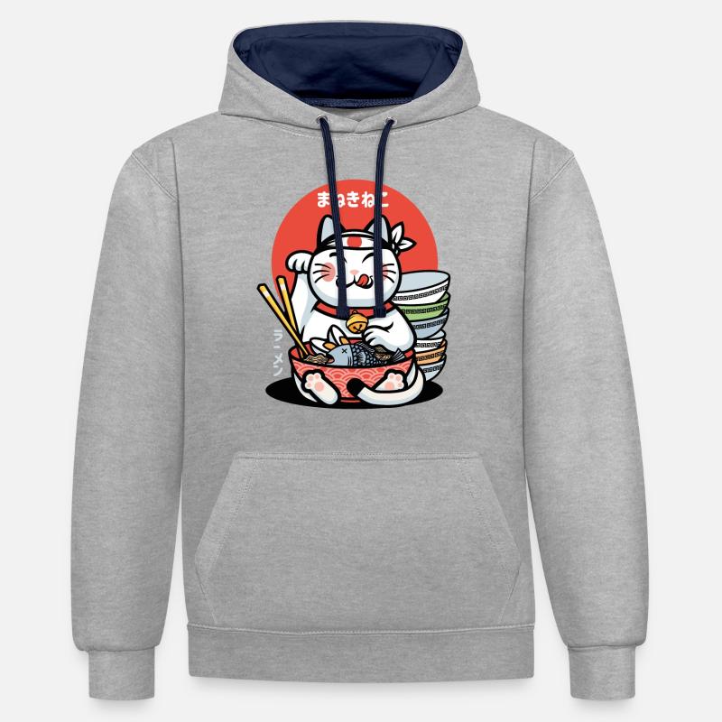 maneki neko lucky ramen - Sweat à capuche contrasté - gris chiné/bleu marine
