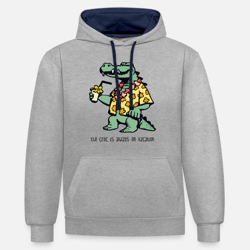 Hapi le crocodile en vacances - Sweat à capuche contrasté - gris chiné/bleu marine