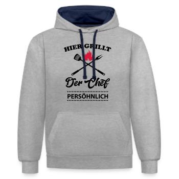 Grillen BBQ Chef Grillking Grillmeister Fun - Kontrast-Hoodie - Grau meliert/Navy - Vorne - Liana (172cm) & Jaron (178cm)