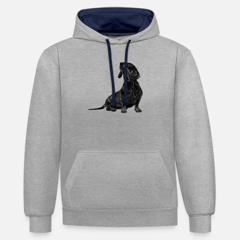 Teckel assis - Sweat à capuche contrasté - gris chiné/bleu marine