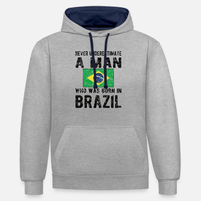 Brésil Brésil Drapeau brésilien - Sweat à capuche contrasté - gris chiné/bleu marine