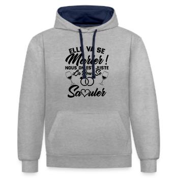 Elle va se marier, Nous juste là pour se saouler - Sweat à capuche contrasté - gris chiné/bleu marine - Devant - Liana (172cm) & Jaron (178cm)