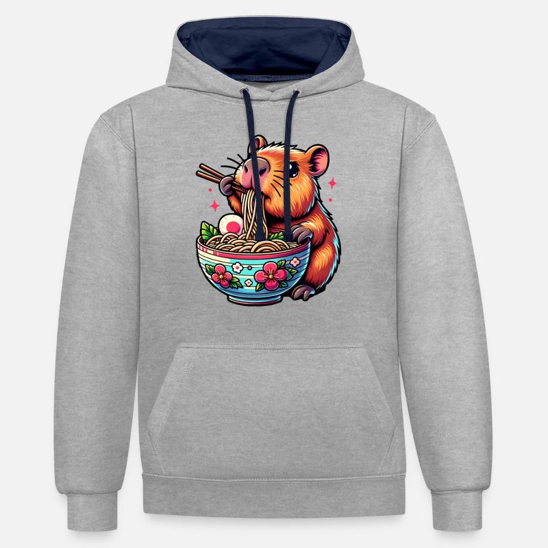 Mignon Kawaii Capybara Ramen Anime - Sweat à capuche contrasté - gris chiné/bleu marine