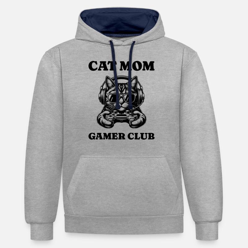 Chat Joueuse Chat Maman Gameuse - Sweat à capuche contrasté - gris chiné/bleu marine