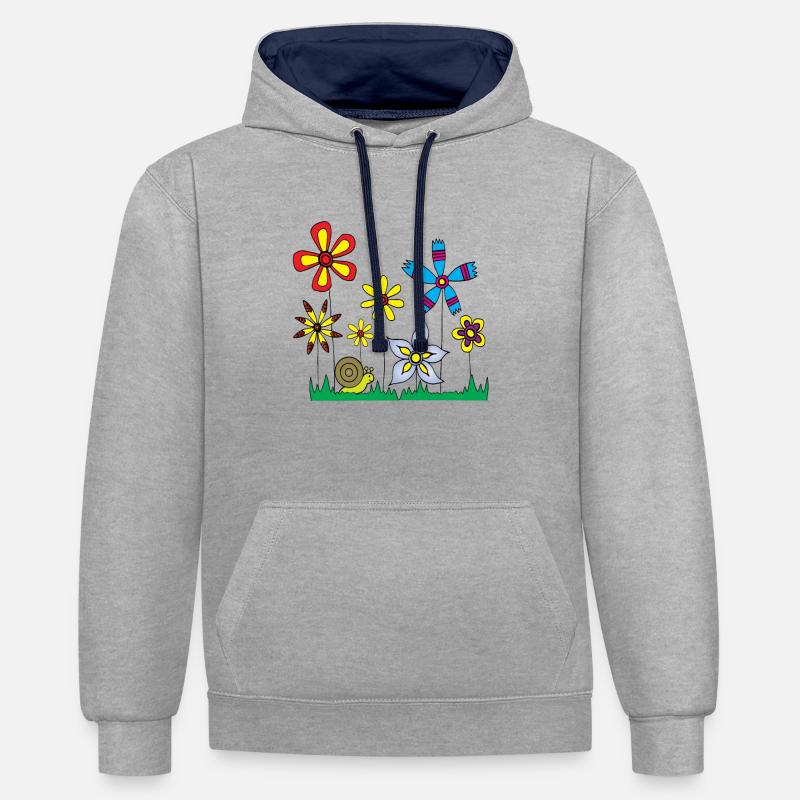 Escargot, sur, fleur, pré - Sweat à capuche contrasté - gris chiné/bleu marine