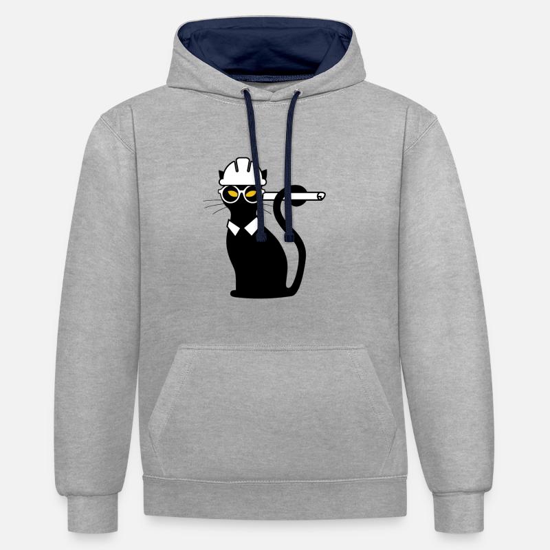 Engineer cat hard hat blueprint gift idea shirt - Contrast hoodie - heather grey/navy
