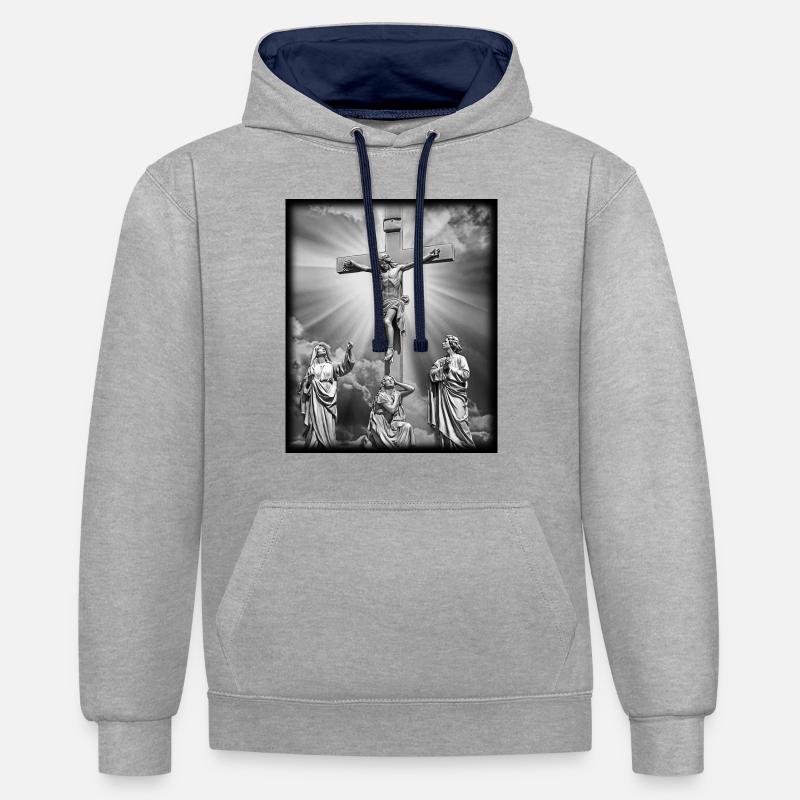 Jésus - Sweat à capuche contrasté - gris chiné/bleu marine