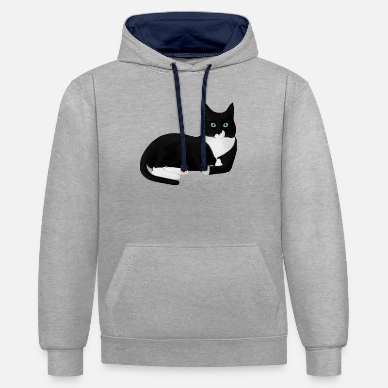 Chat noir et blanc - Sweat à capuche contrasté - gris chiné/bleu marine