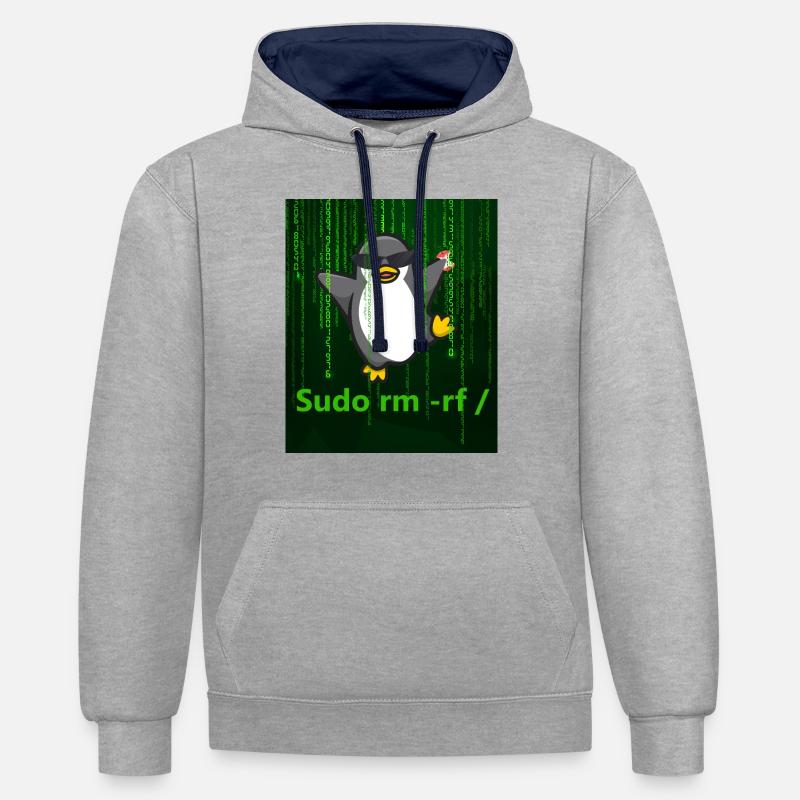 Pingouin Linux Sudo - Sweat à capuche contrasté - gris chiné/bleu marine