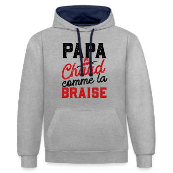 Papa chaud comme la braise cadeau humour barbecue - Sweat à capuche contrasté - gris chiné/bleu marine - Devant - Liana (172cm) & Jaron (178cm)