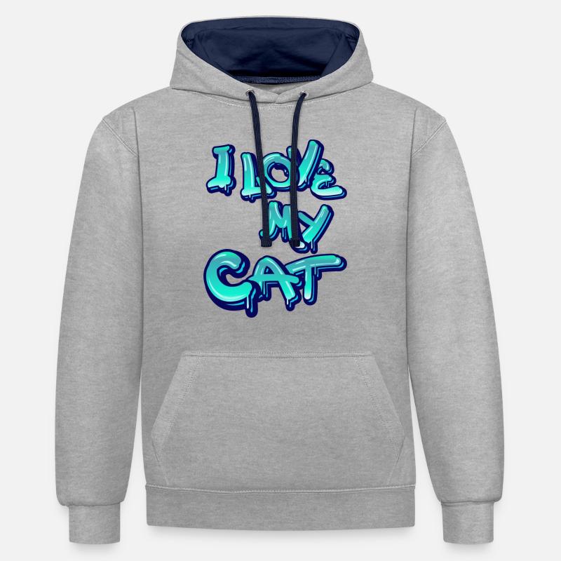 J’aime mon chat - Sweat à capuche contrasté - gris chiné/bleu marine