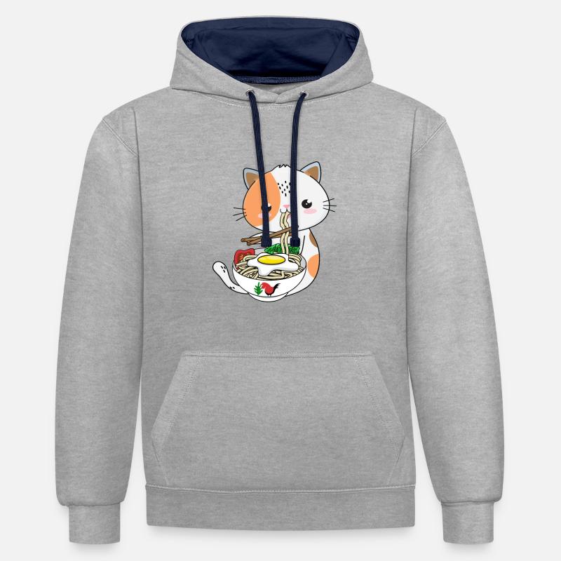 Ramen Cat Tshirt Kawaii Anime - Sweat à capuche contrasté - gris chiné/bleu marine