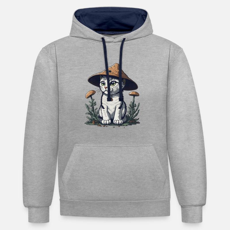 Chat champignon - Sweat à capuche contrasté - gris chiné/bleu marine