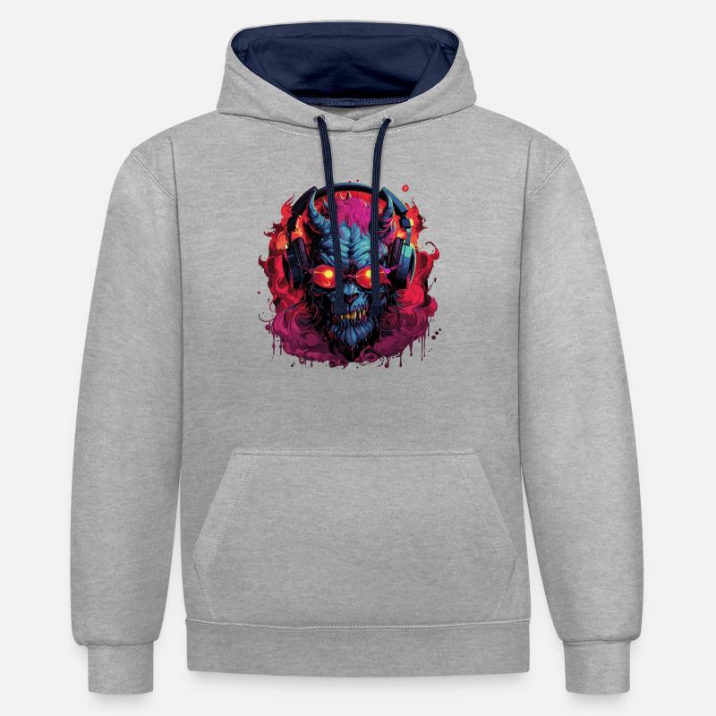 Teufel Dämom Monster mit Kopfhörer - Kontrast-Hoodie - Grau meliert/Navy
