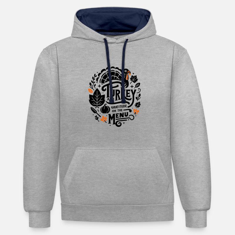 Dinde et gratitude au menu - Sweat à capuche contrasté - gris chiné/bleu marine